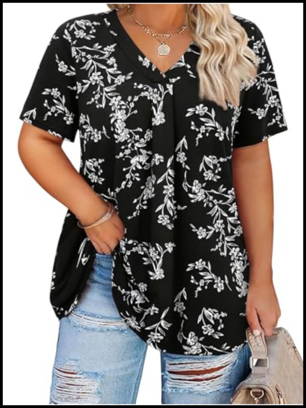 Plus Size Short Sleeve Tunic Blouse V Neck Pleated Dressy Casual Spring Tops
